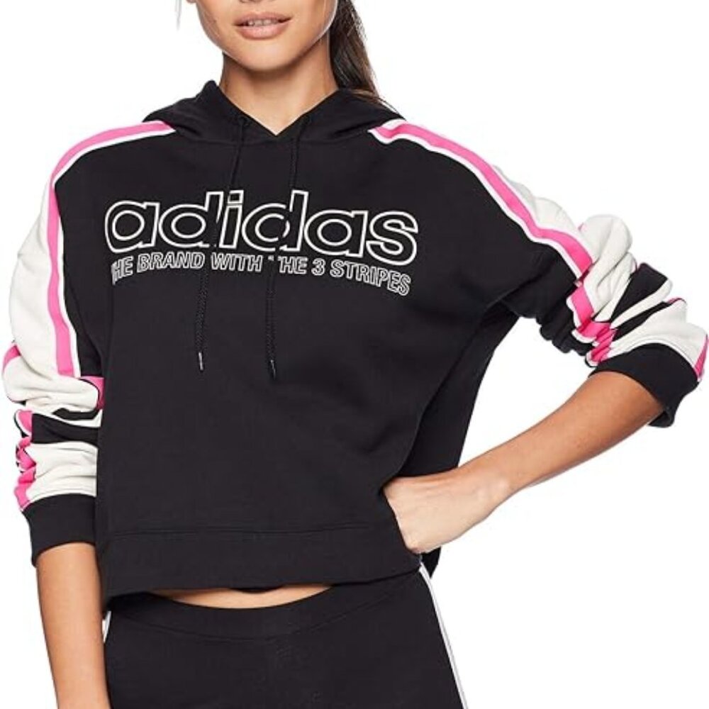 adidas Originals Cropped Hoodie M Black Pink White 3-Stripe Y2K oversized boxy